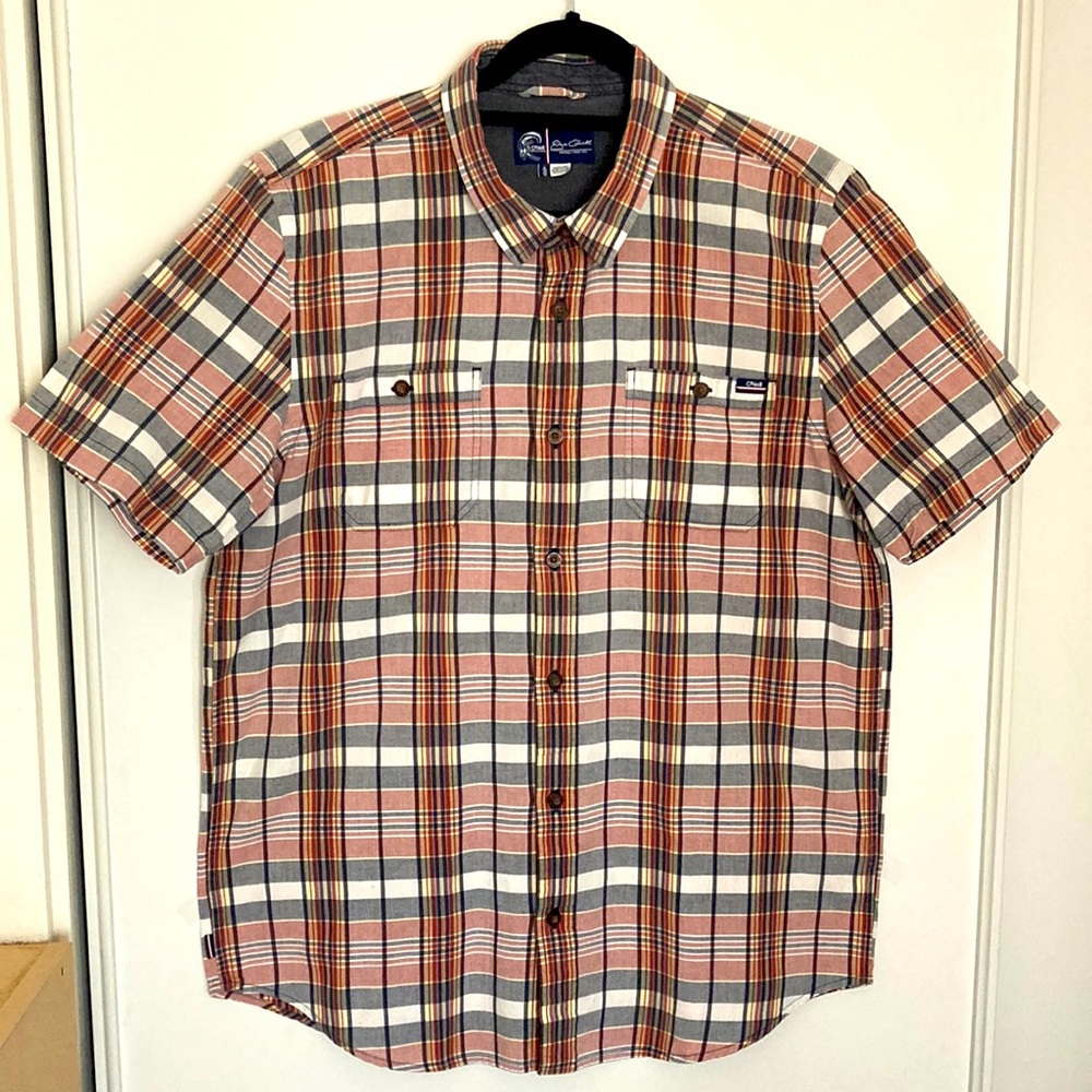 O’Neill size large men’s short sleeves plaid shirt. Made in India. 100% cotton.